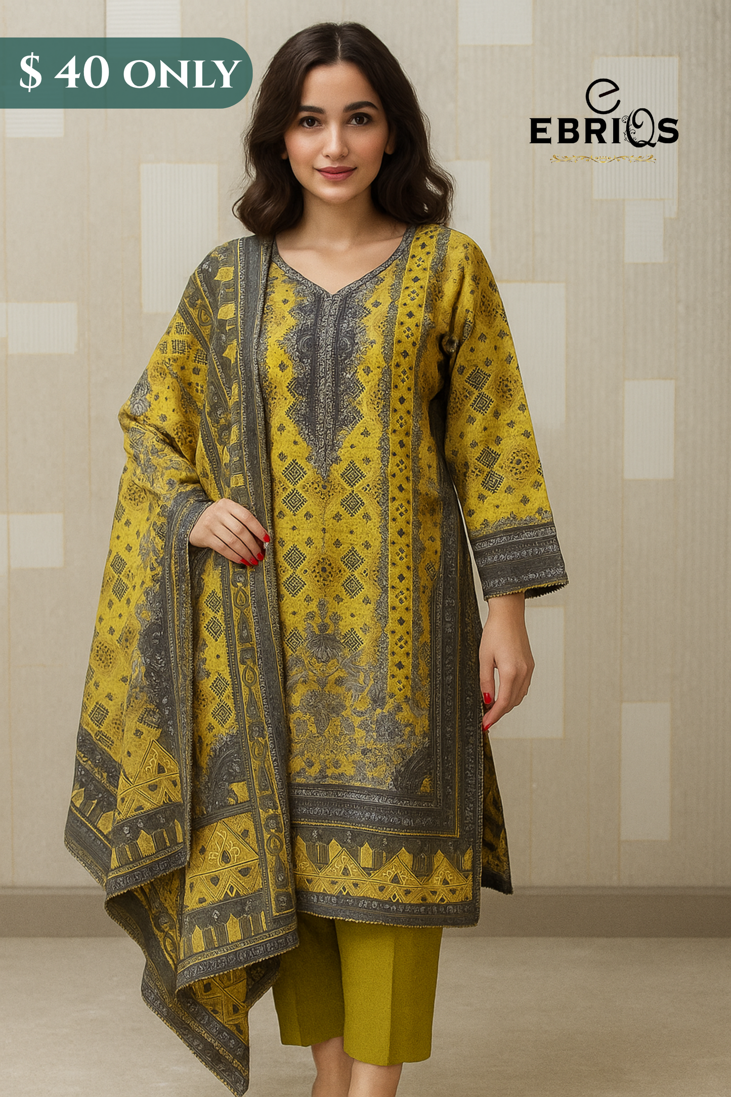 Yellow & Grey Printed 3-Piece Lawn Suit โ Stitched | $40 Only
