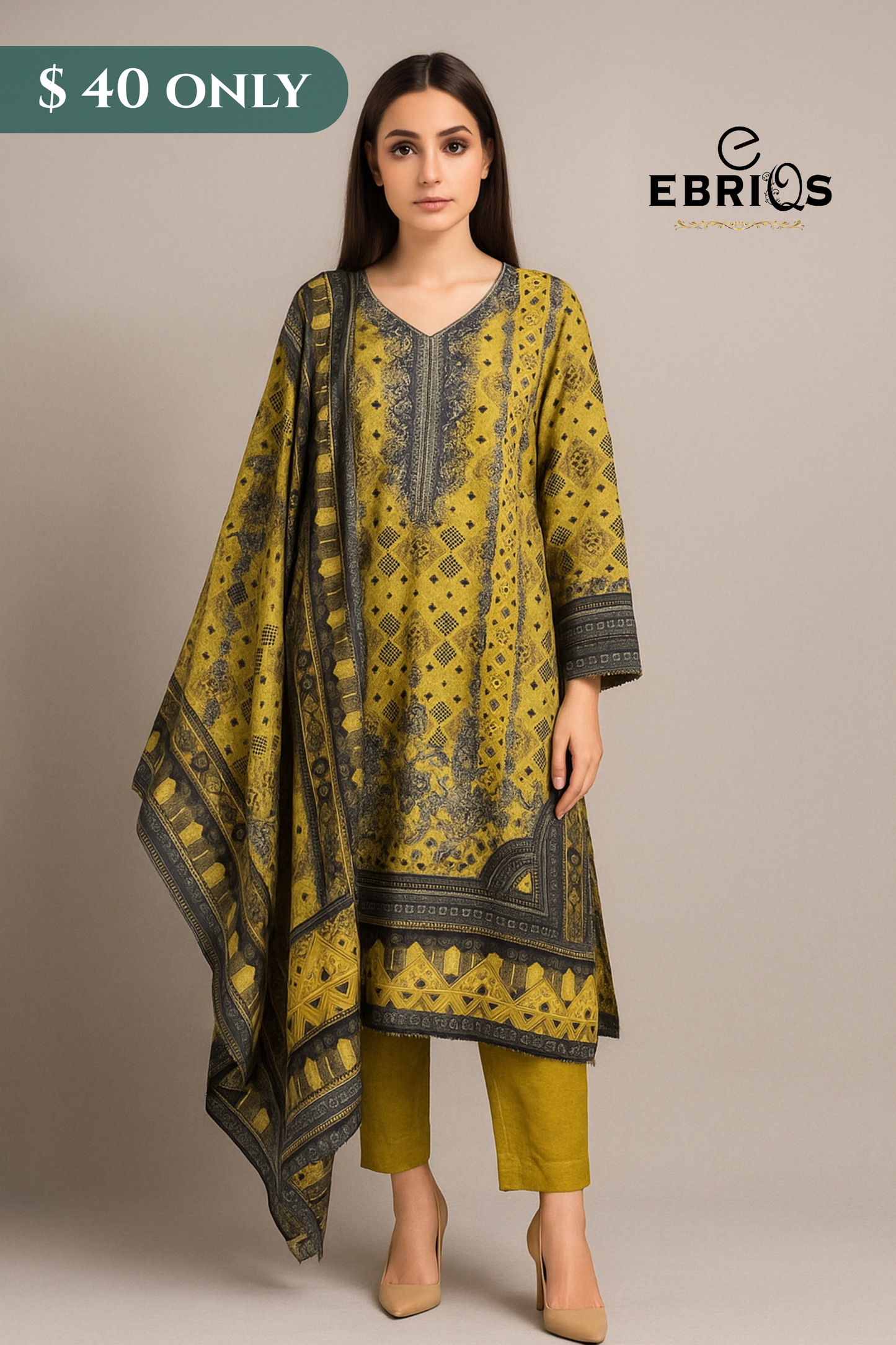 Yellow & Grey Printed 3-Piece Lawn Suit โ Stitched | $40 Only