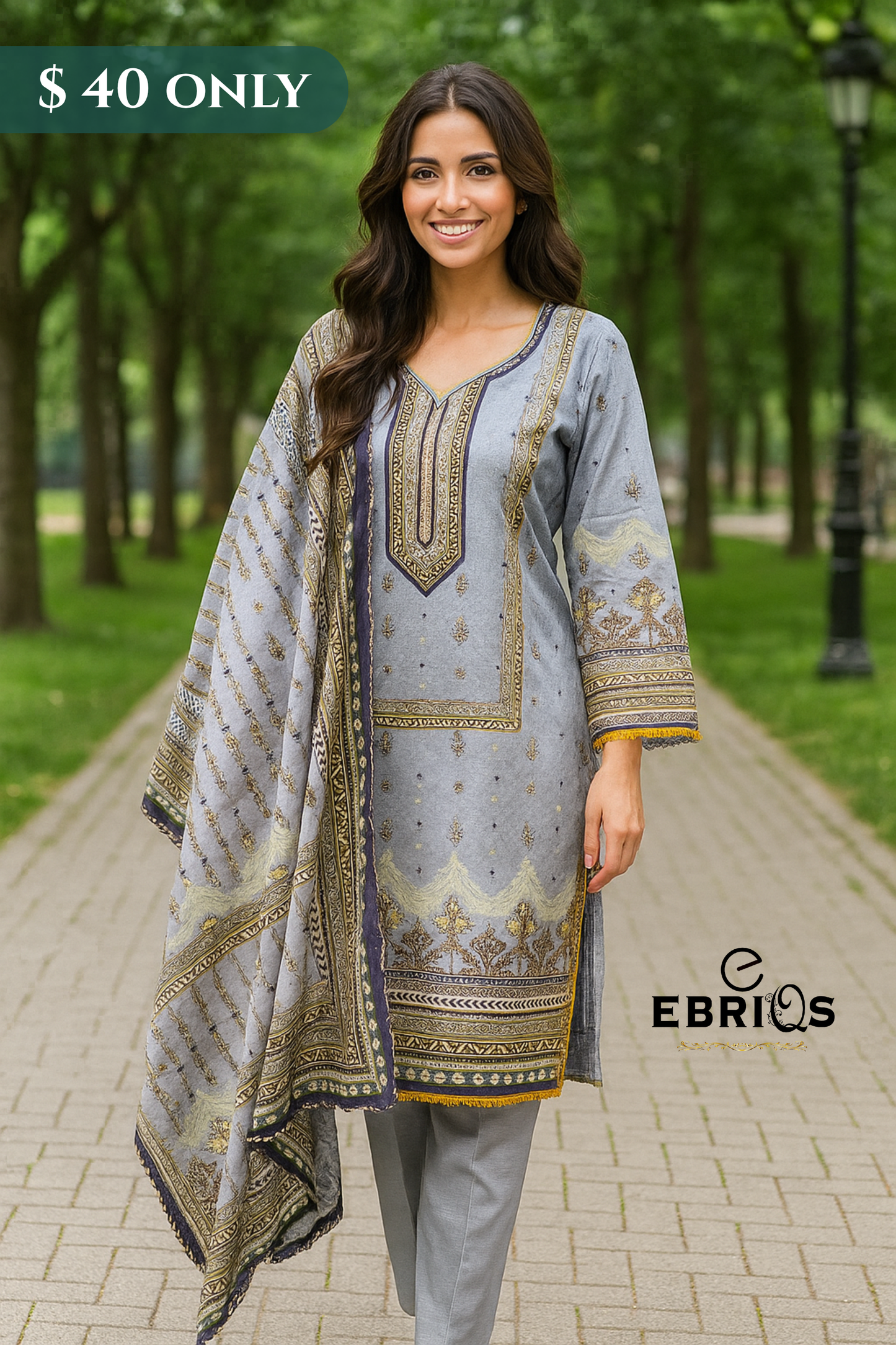 Elegant Grey & Gold Lawn 3-Piece Suit โ Stitched | $40 Only