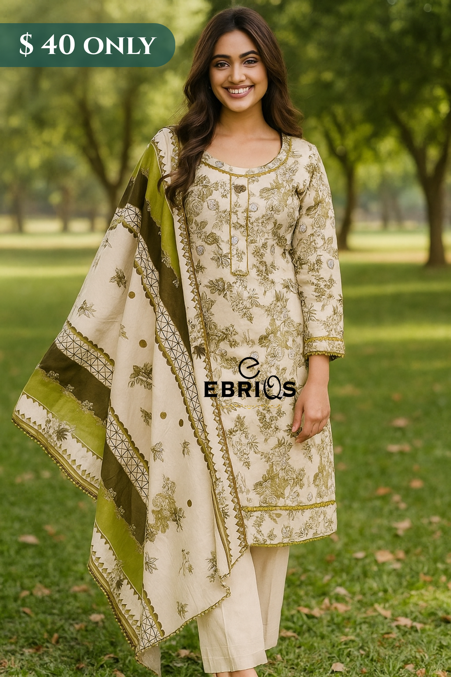 Classic Cream & Olive Green Lawn 3-Piece Suit β Stitched | $40 Only