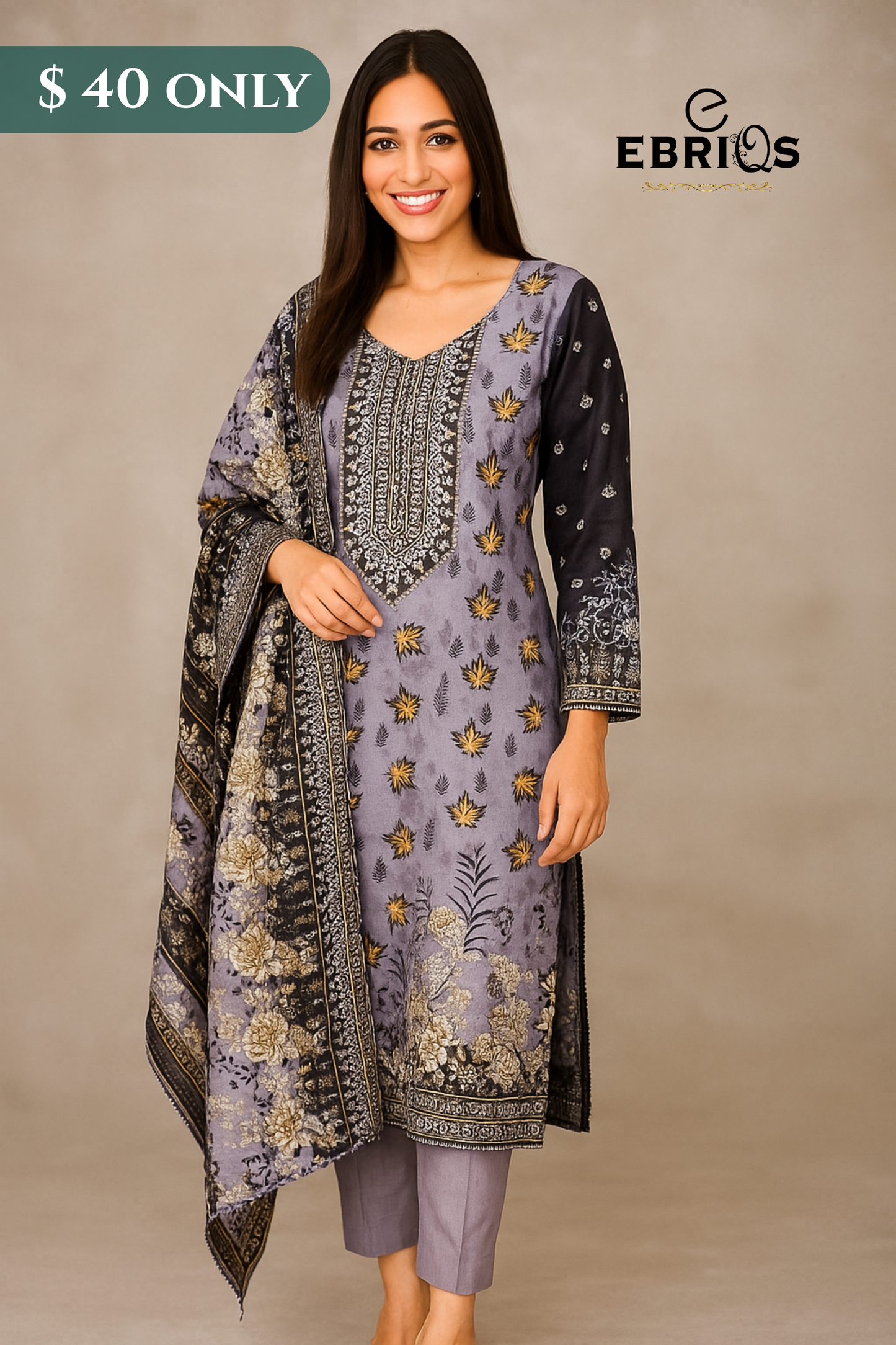Lavender & Black Floral Stitched 3-Piece Lawn Suit – $40 Only | EBRIQS