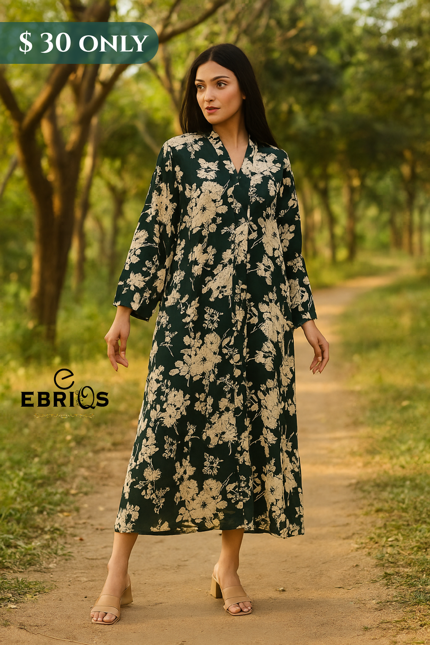 Elegant Green Floral Long Dress β Modest Everyday Wear | $30 Only