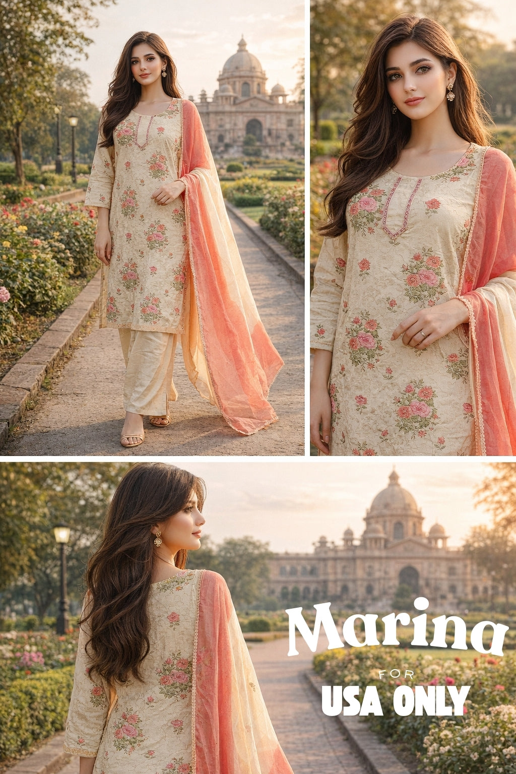 Marina – Cream Floral 3 Piece Suit with Peach Ombre Dupatta (USA Only)