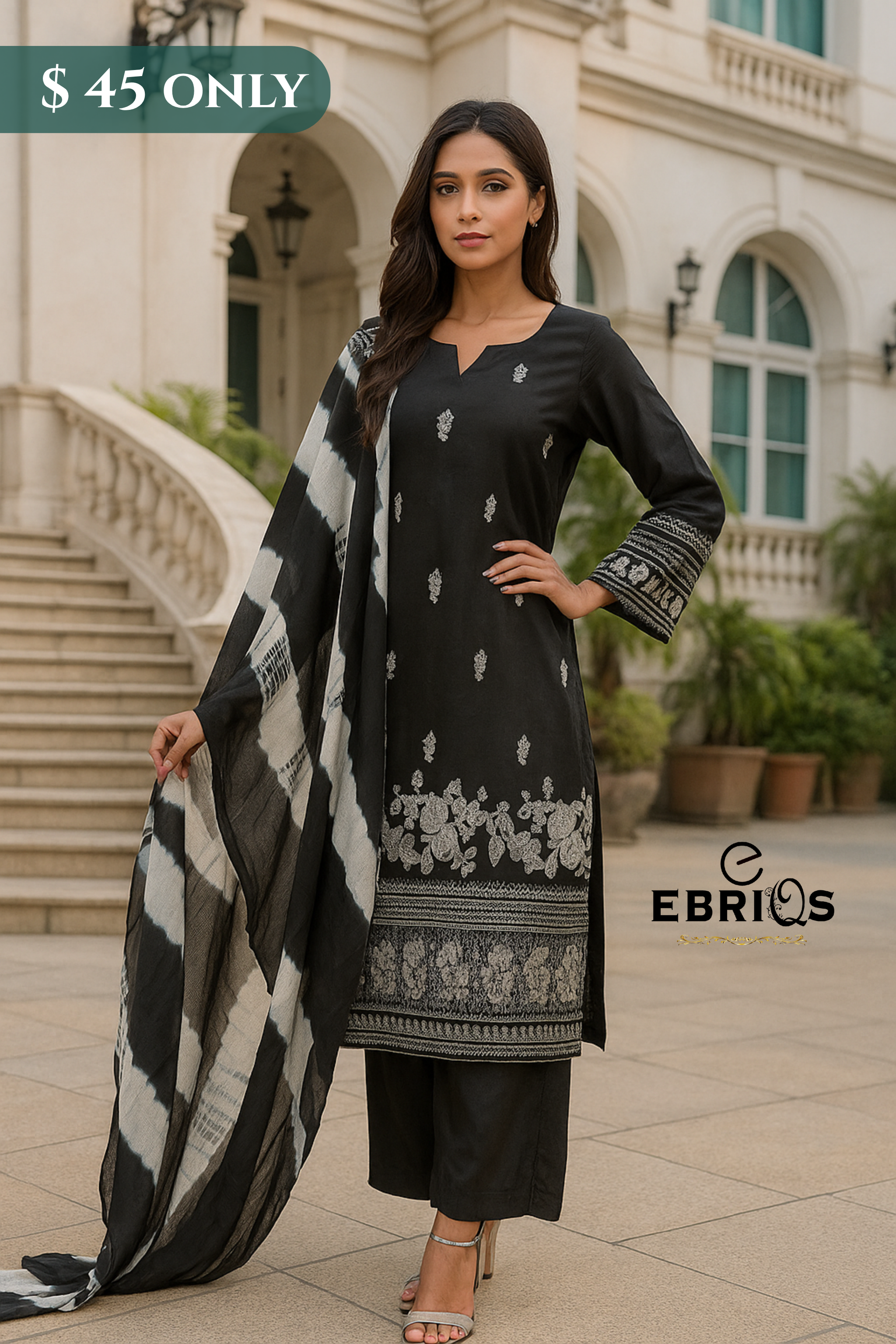 🖤 Midnight Bloom – 3-Piece Stitched Lawn Suit