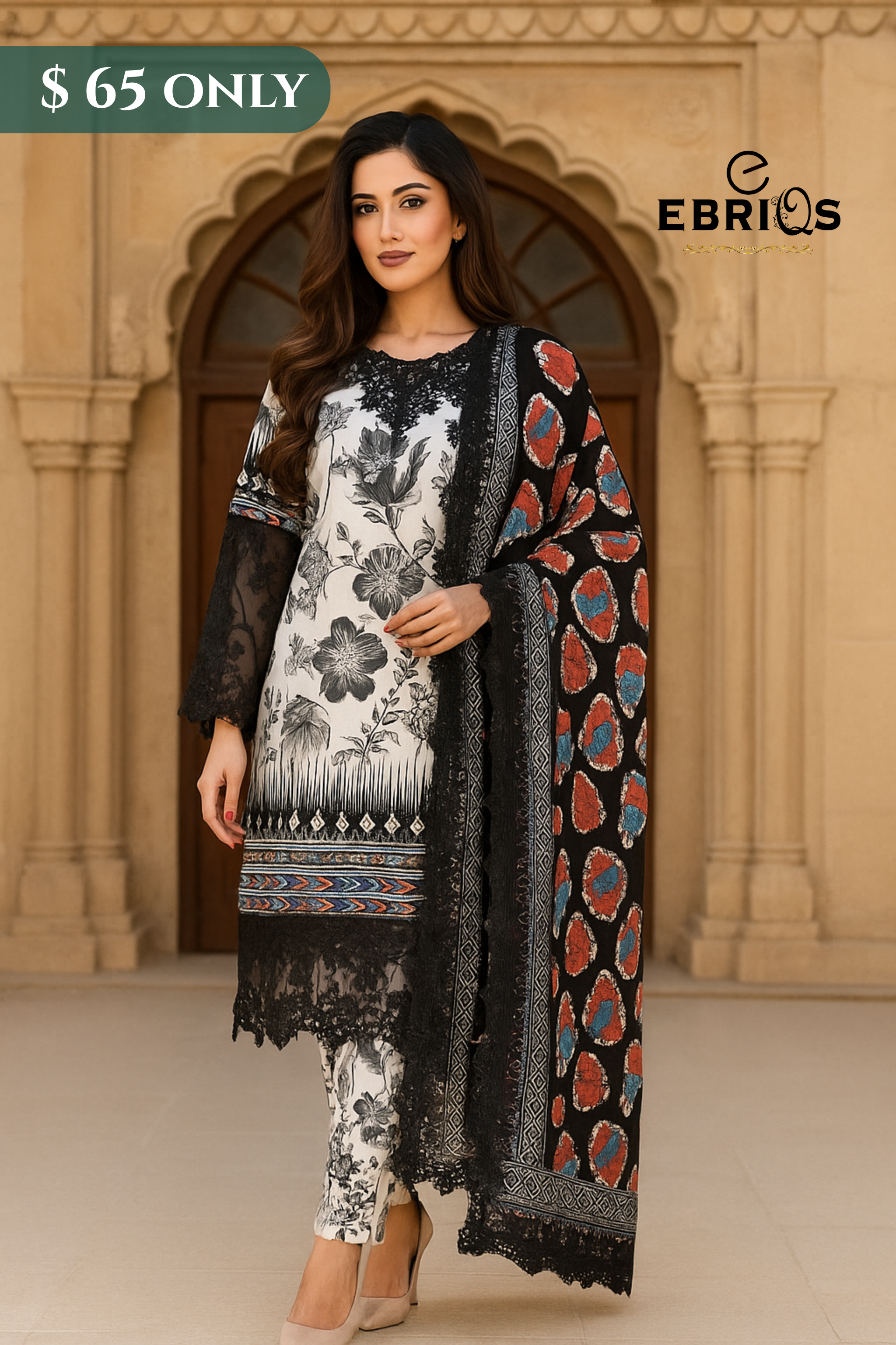 3-Piece Printed Embroidered Lawn Suit – Black & White Elegance