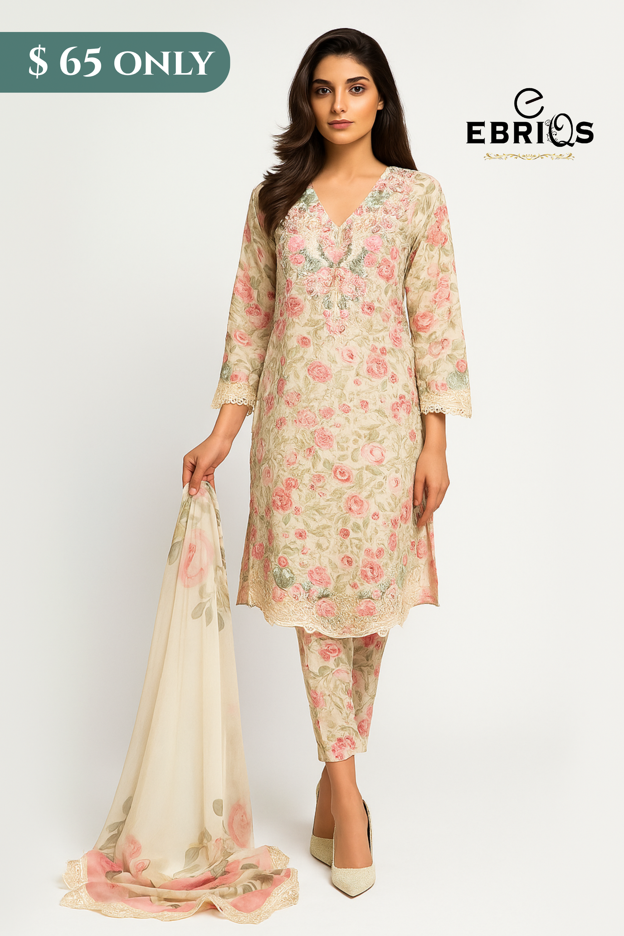 3-Piece Luxury Lawn Suit – Soft Rose Elegance