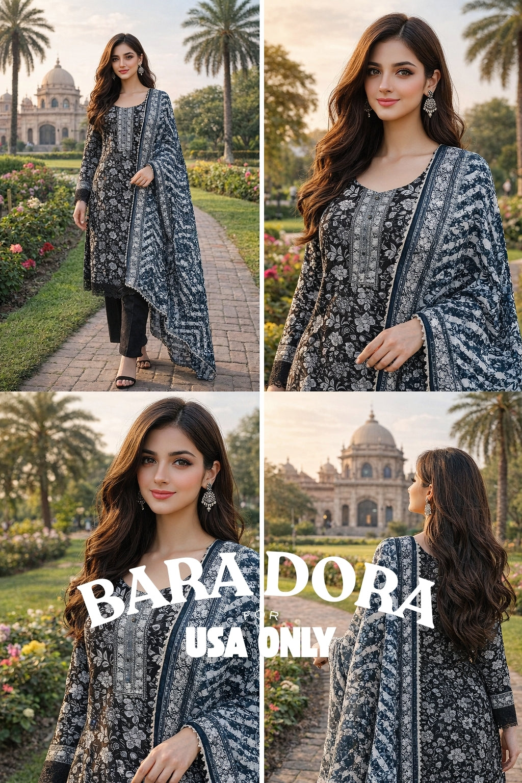 BARA DORA – Charcoal Bloom 3PC Outfit with Dupatta (USA ONLY)