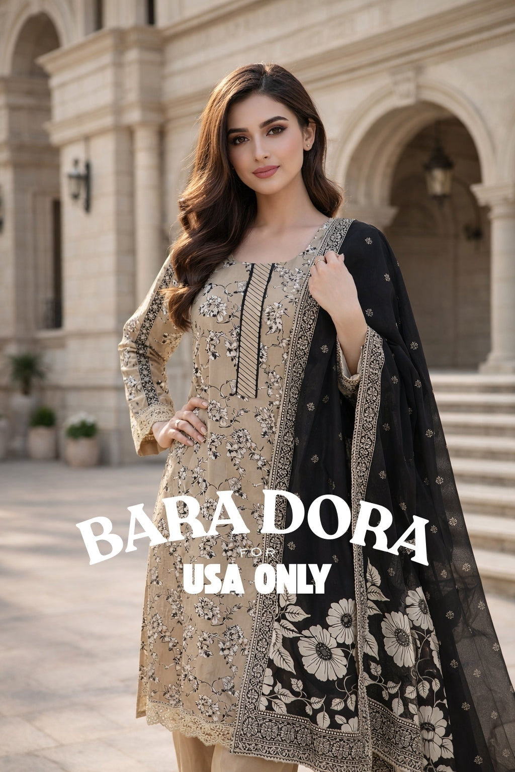 BARA DORA – Beige Floral 3PC Suit with Black Dupatta (USA ONLY)