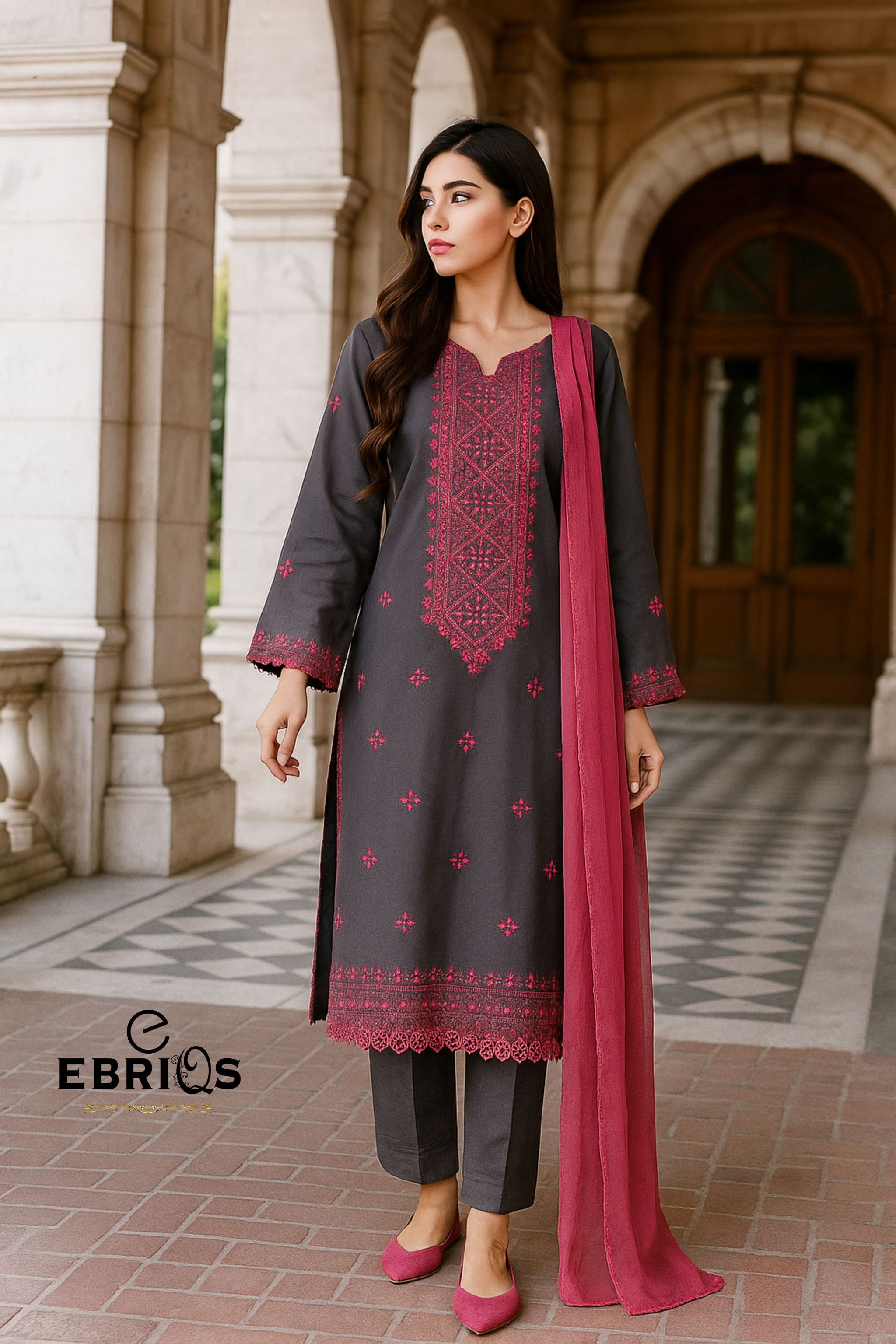 Deep Pink Embroidered 3-Piece Suit
