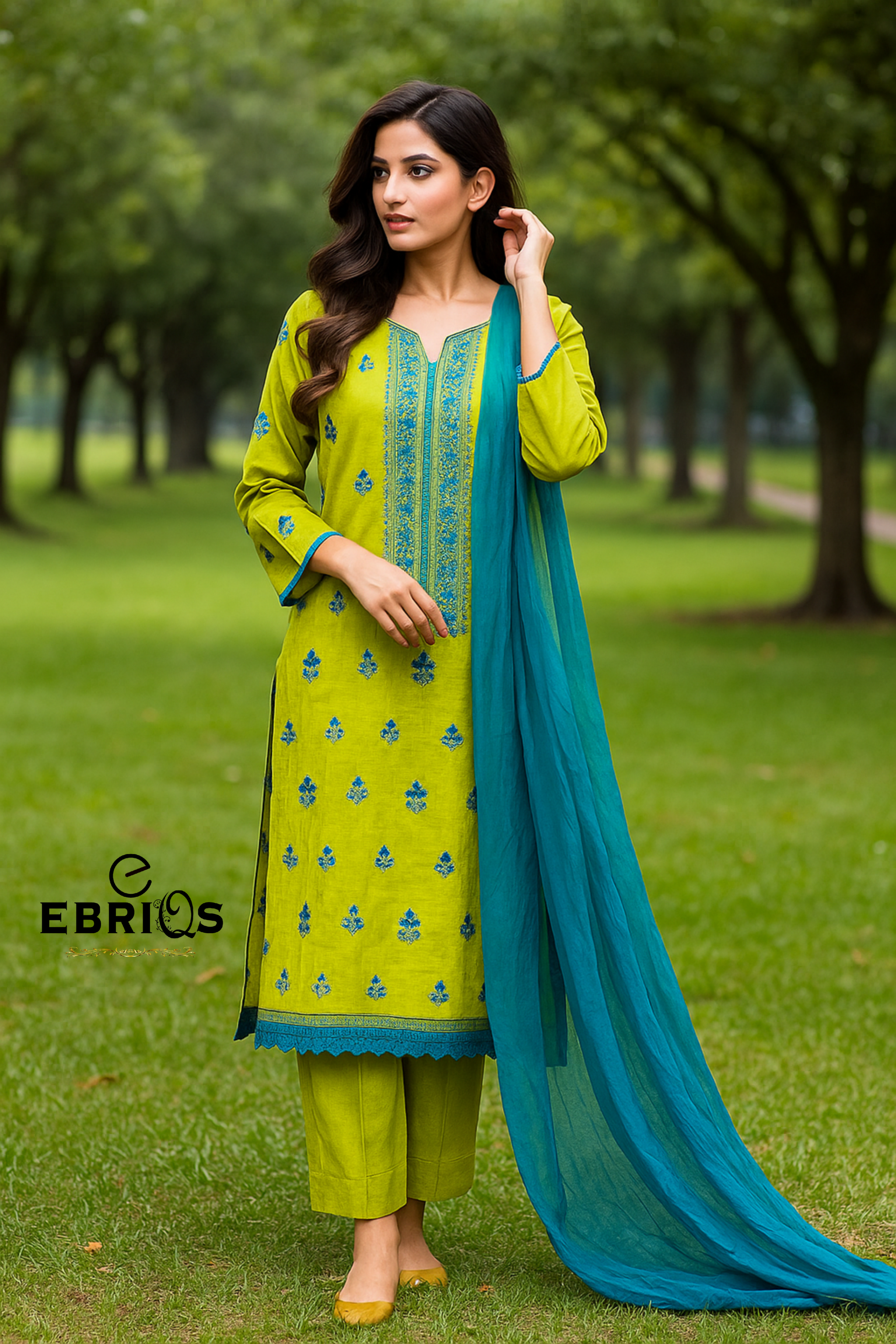 Ebriqs Signature Lime Green & Teal Embroidered 3-Piece Suit