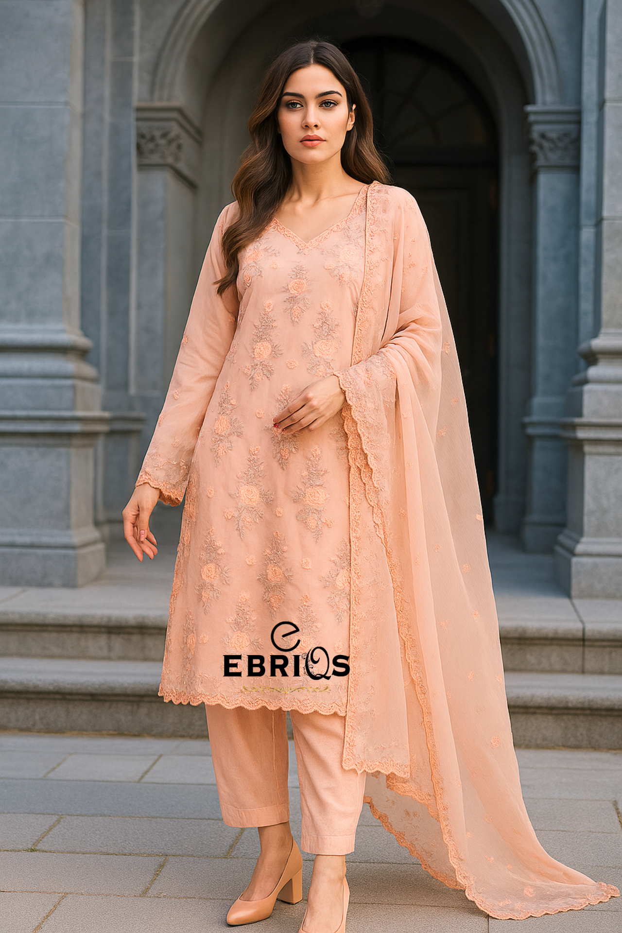 Peach Embroidered Chiffon 3-Piece Suit – EBRIQS