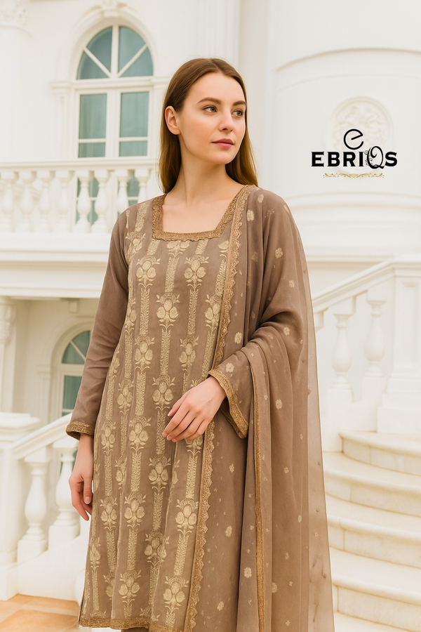 Elegant Mocha Embroidered Lawn 3-Piece Suit – By Ebriqs