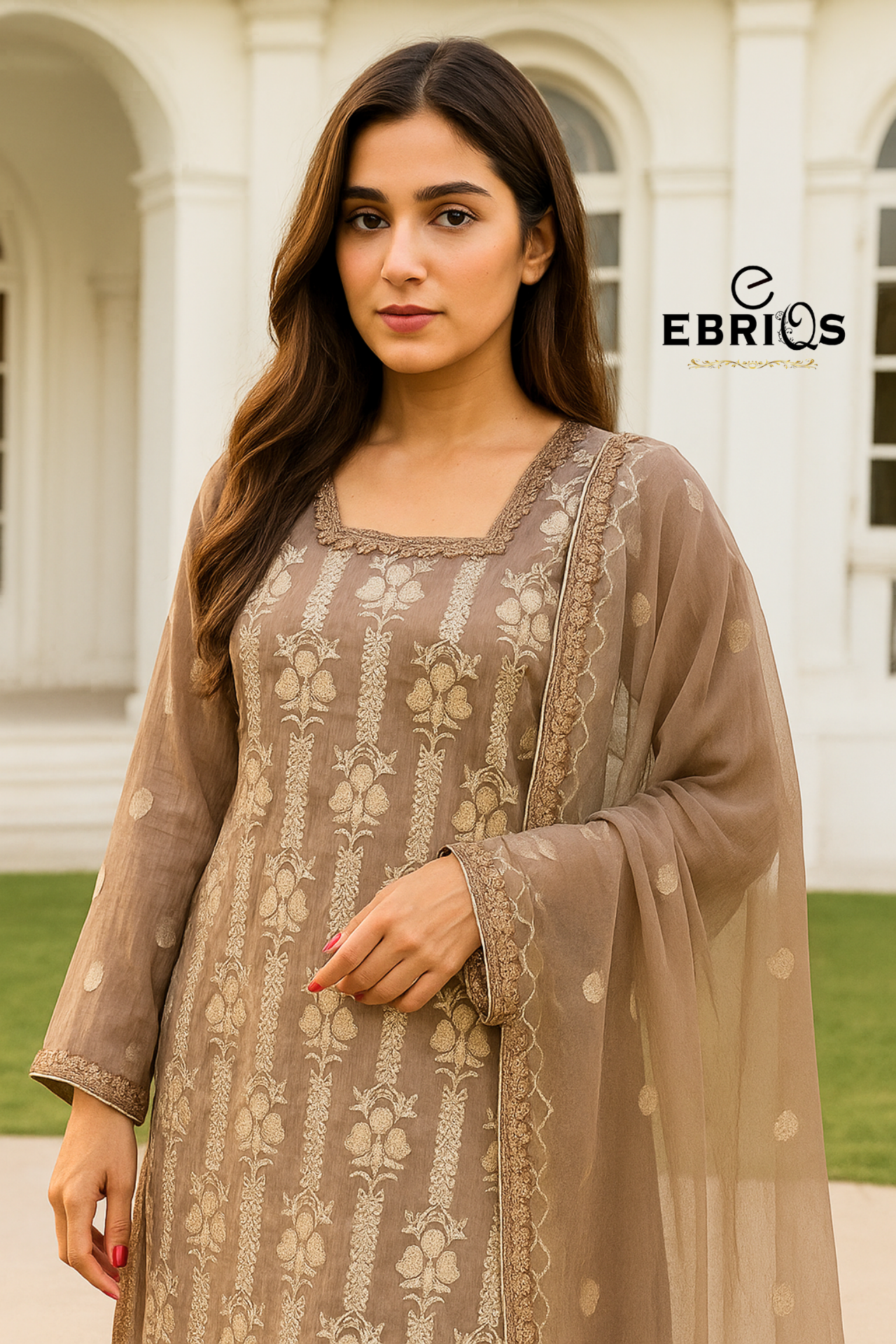 Elegant Mocha Embroidered Lawn 3-Piece Suit – By Ebriqs