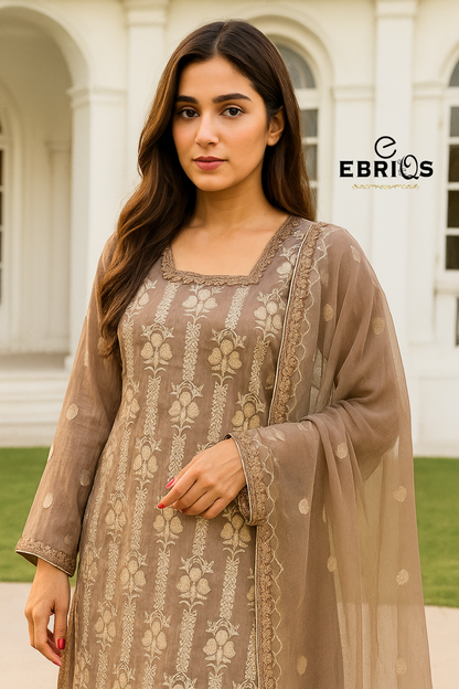 Elegant Mocha Embroidered Lawn 3-Piece Suit – By Ebriqs