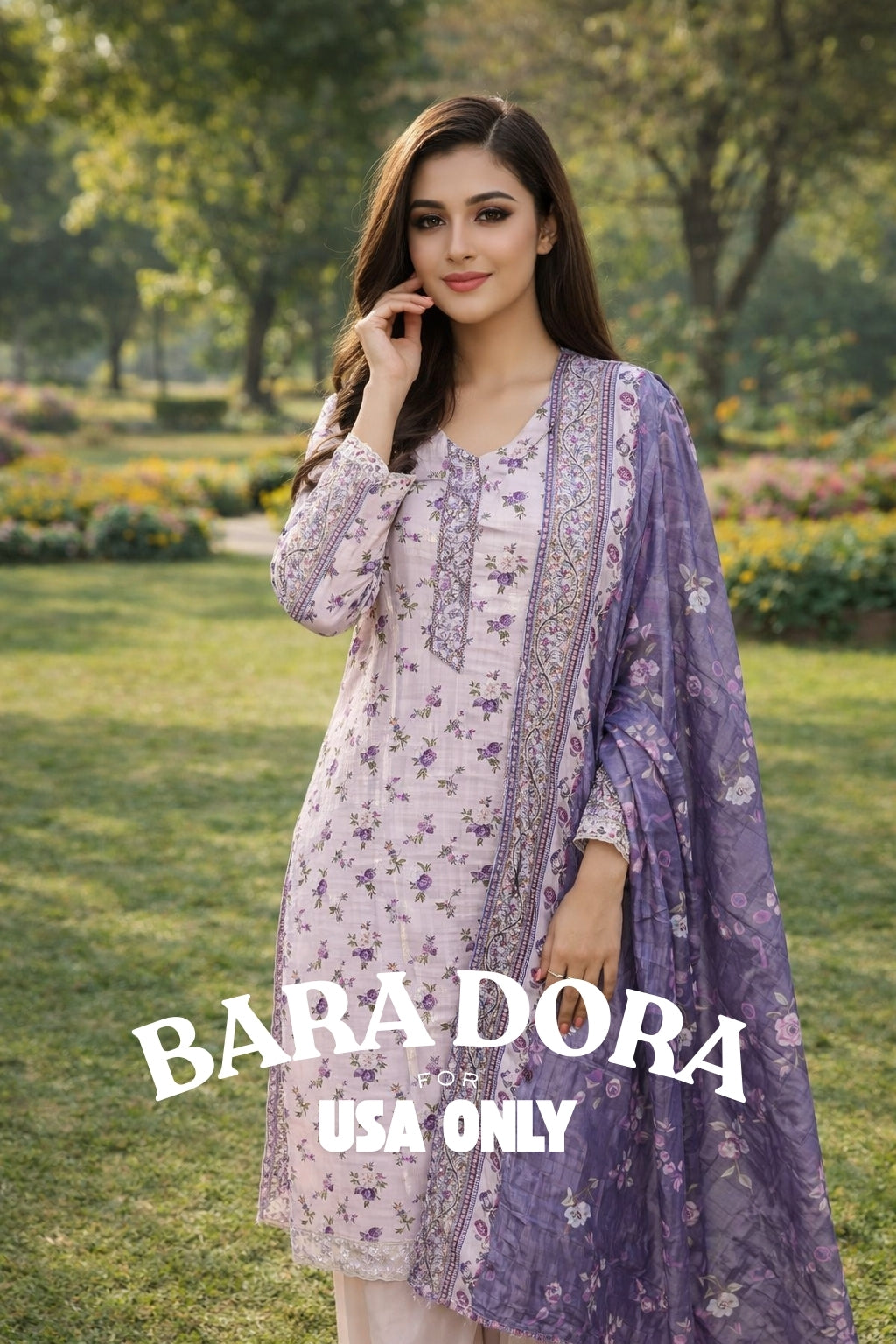 BARA DORA – Lilac Floral 3PC Suit with Purple Dupatta (USA ONLY)