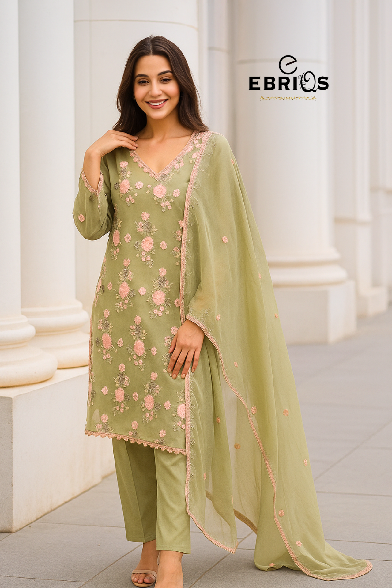 Ebriqs Olive Green Floral Embroidered 3-Piece Suit