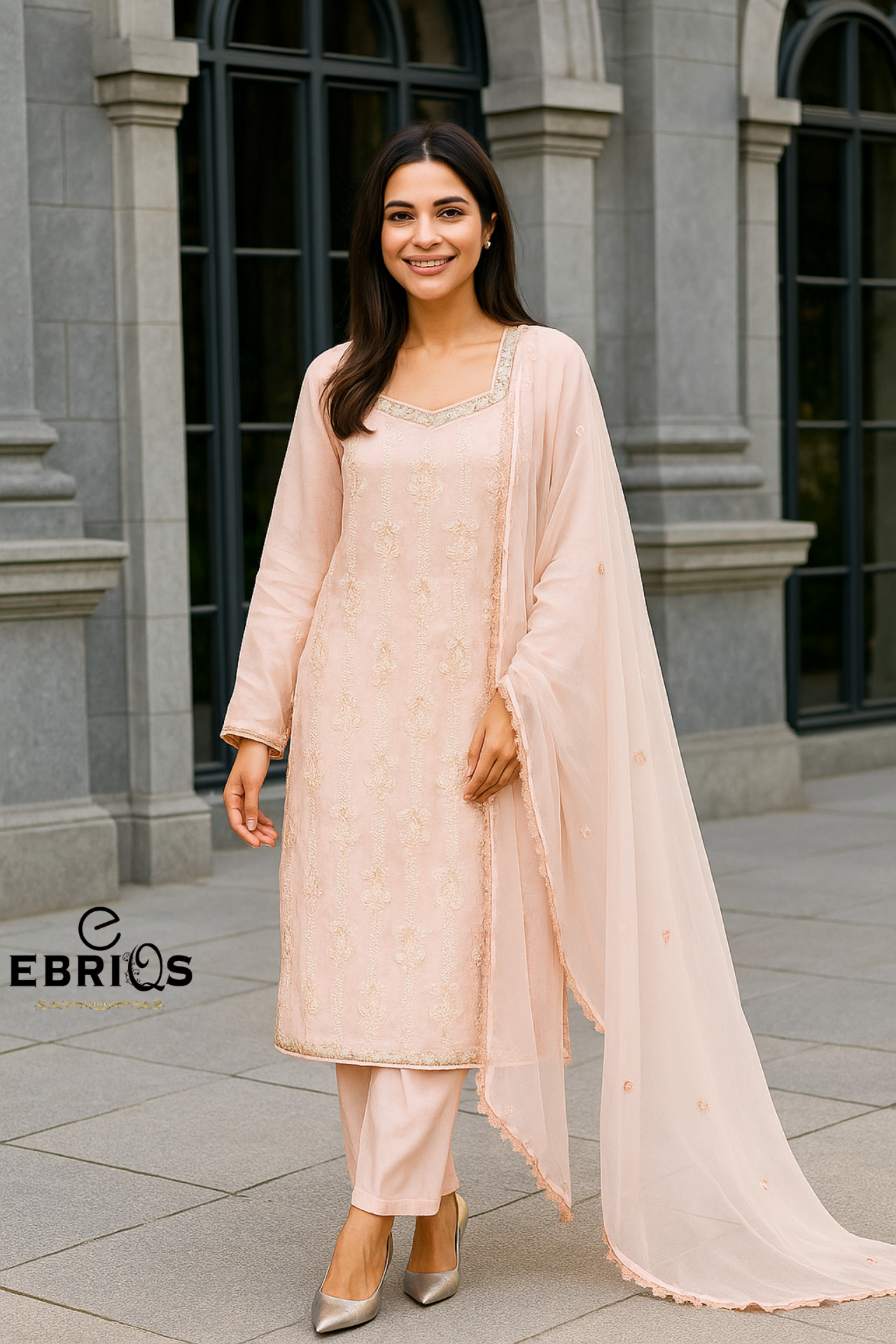 Elegant Light Peach Embroidered 3-Piece Suit -Ebriqs