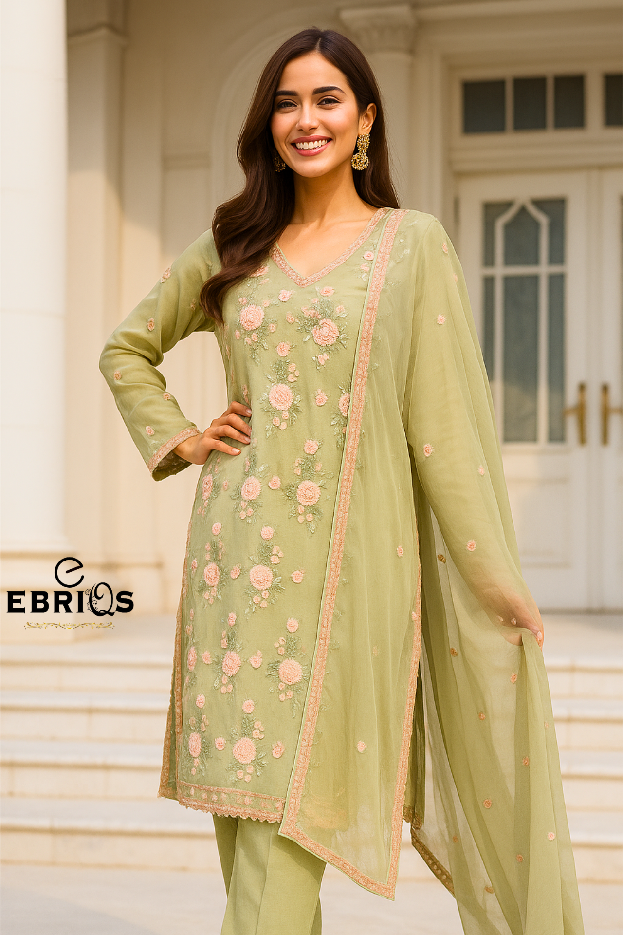 Ebriqs Olive Green Floral Embroidered 3-Piece Suit