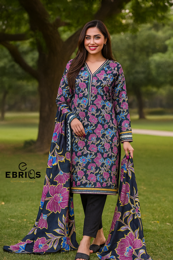 Elegant Navy Floral 3-Piece Suit-Premium Lawn By Ebriqs