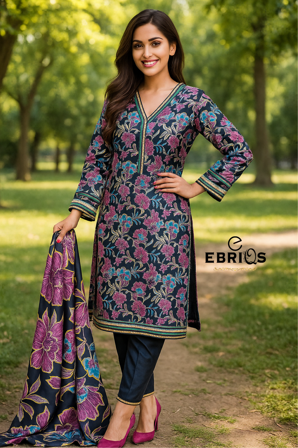 Elegant Navy Floral 3-Piece Suit-Premium Lawn By Ebriqs