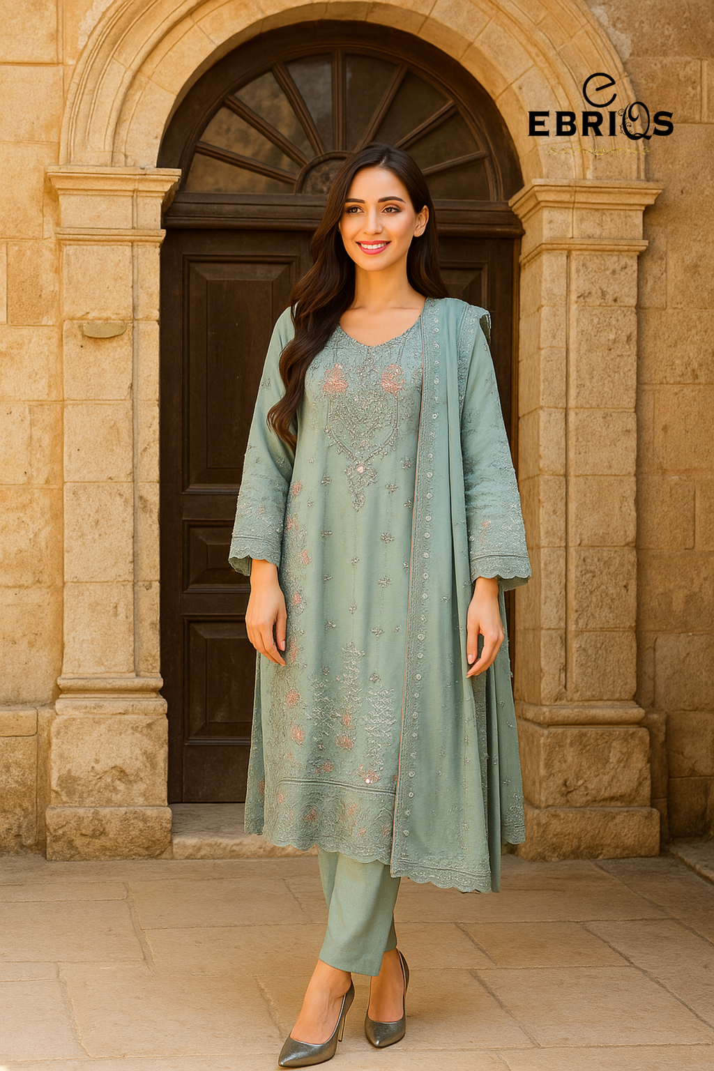Elegant Aqua Embroidered 3-Piece Suit By Ebriqs