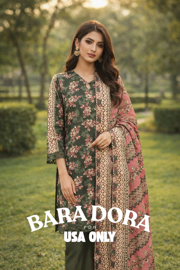 BARA DORA – Forest Green Floral 3PC Suit with Rose Dupatta (USA ONLY)