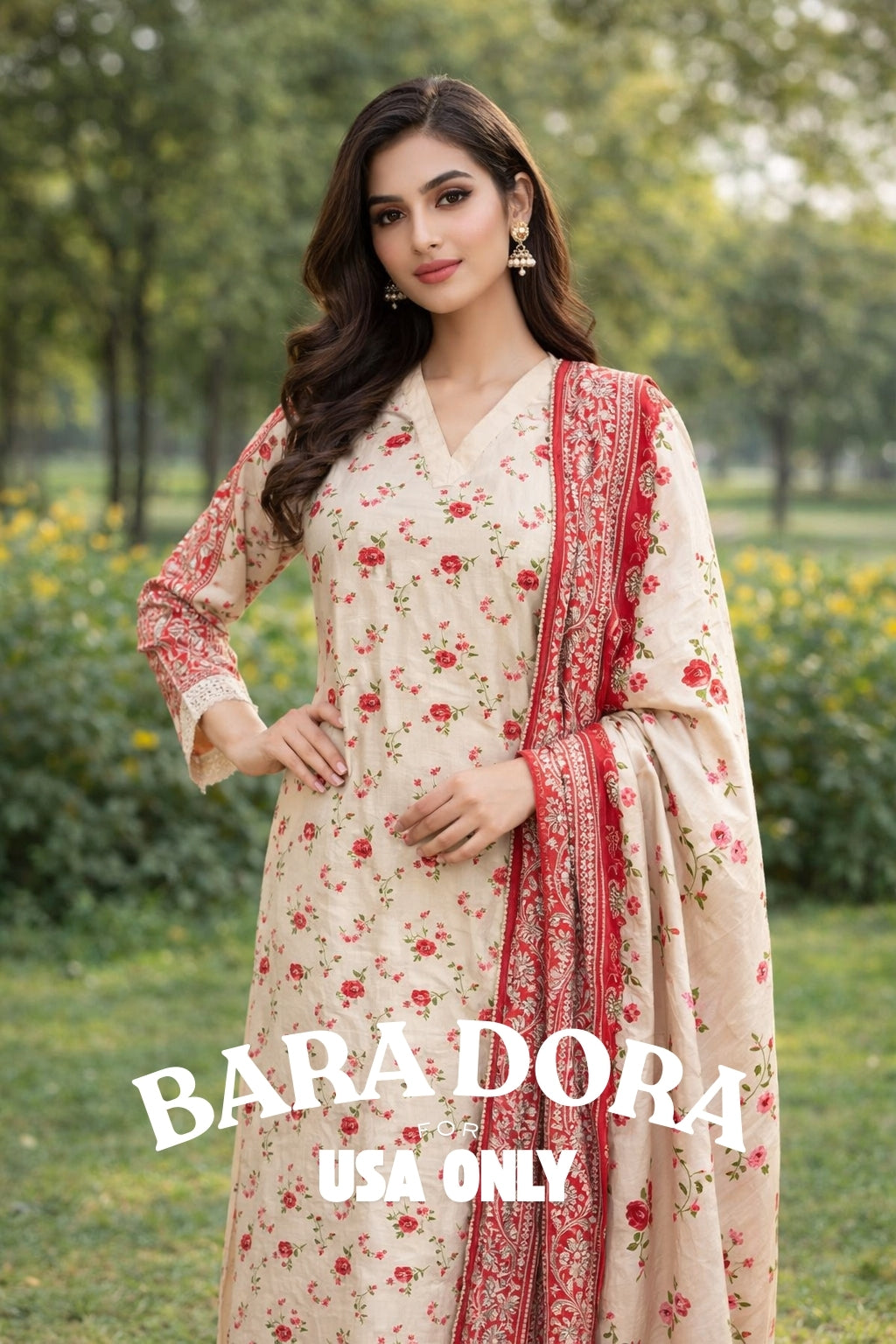 BARA DORA – Ivory Rose 3PC Suit with Red Dupatta (USA ONLY)