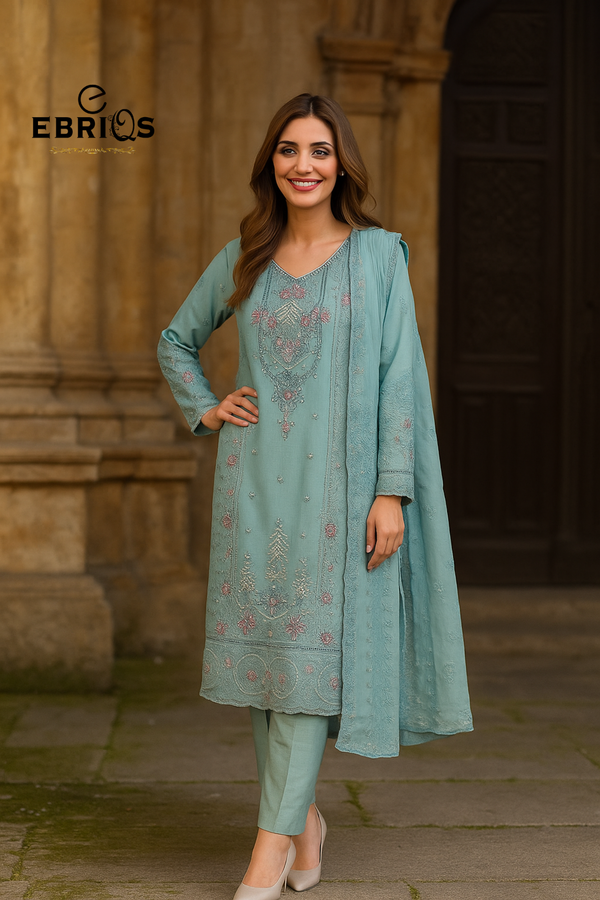 Elegant Aqua Embroidered 3-Piece Suit By Ebriqs
