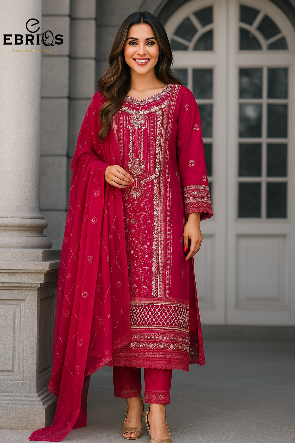 Elegant deep maroon embroidered 3-piece suit