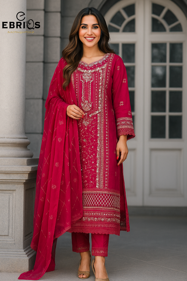 Elegant deep maroon embroidered 3-piece suit
