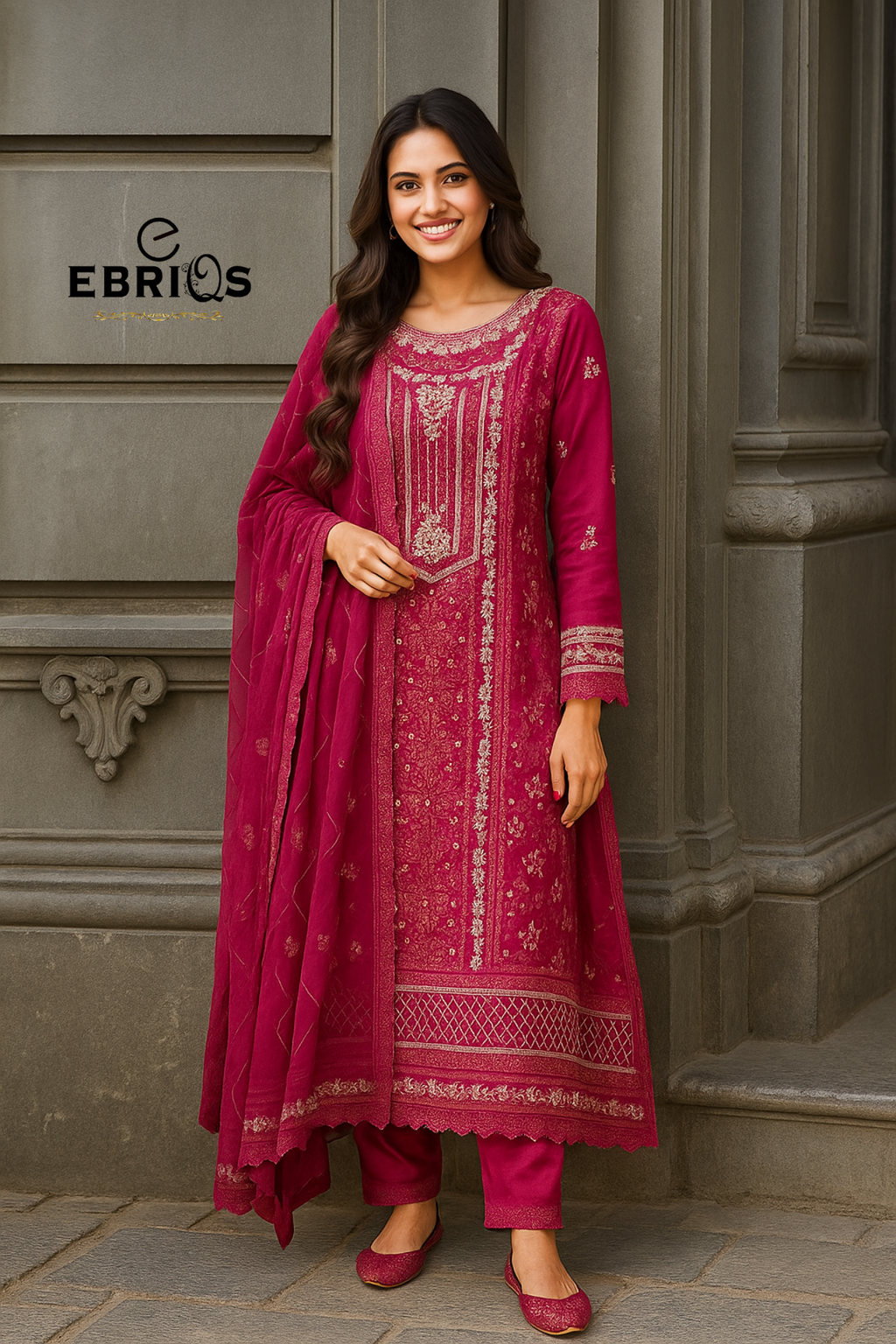 Elegant deep maroon embroidered 3-piece suit