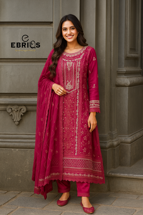 Elegant deep maroon embroidered 3-piece suit