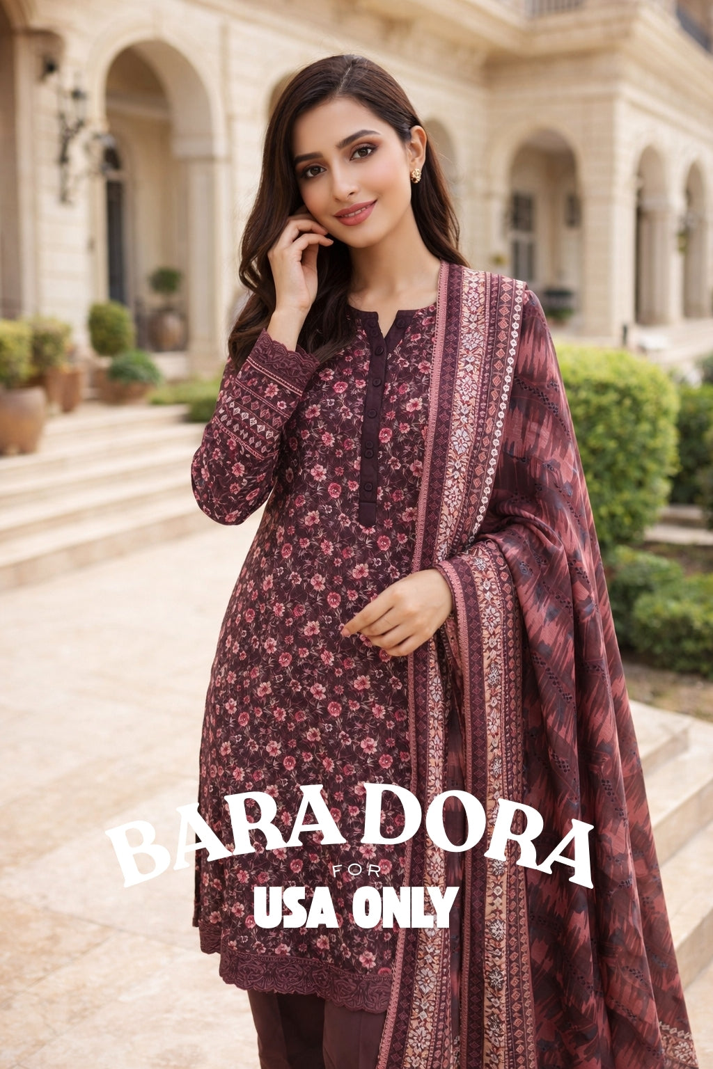 BARA DORA – Premium Maroon Floral Print 3PC Dress (USA ONLY)