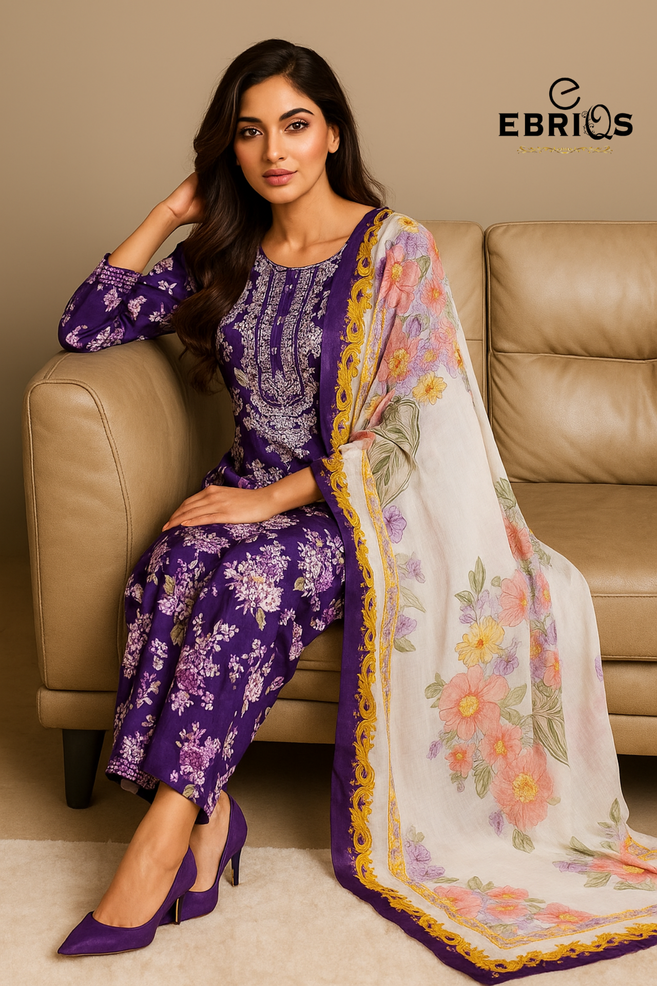 Purple Floral Lawn 3-Piece Suit By Ebriqs