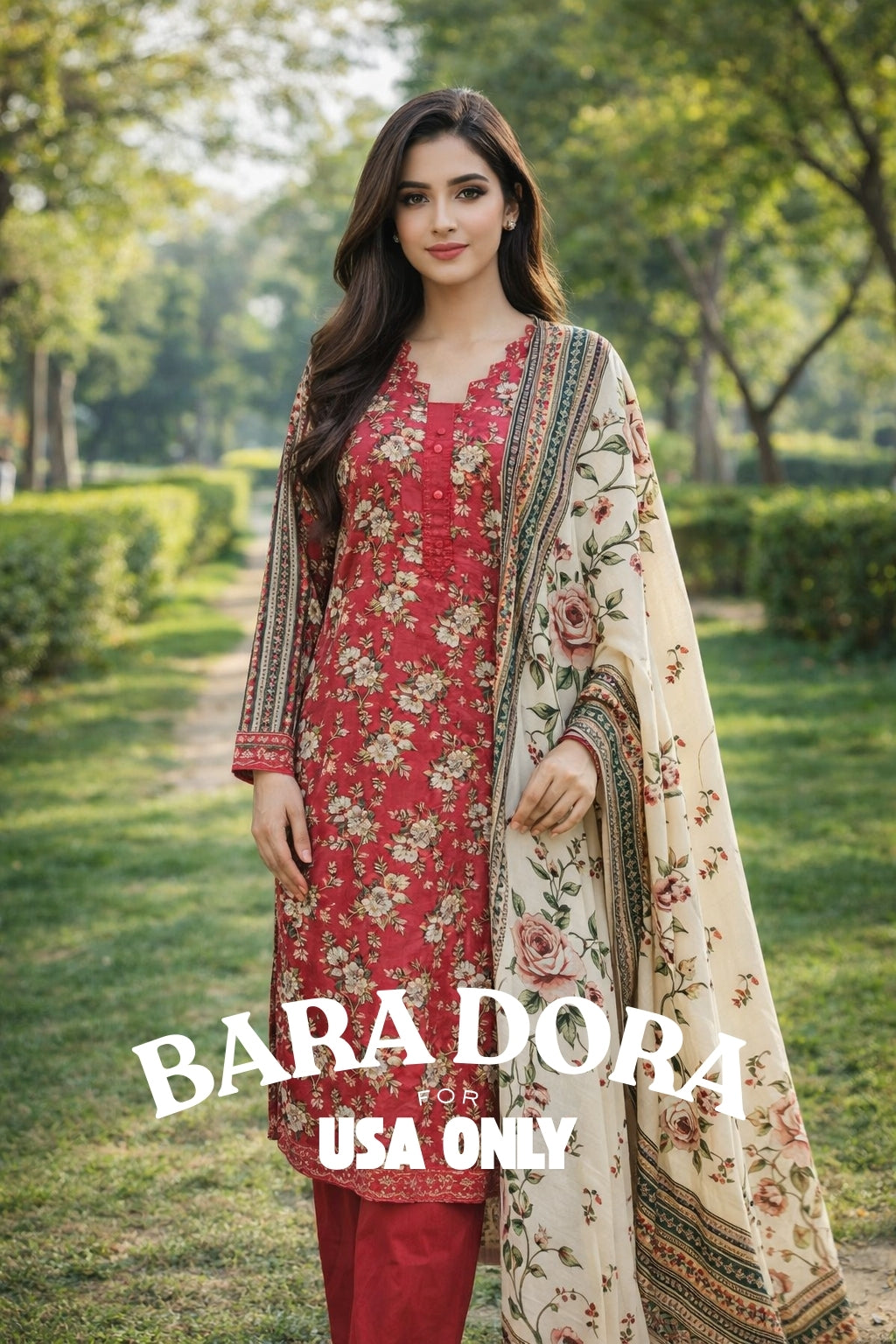 BARA DORA – Premium Red Floral Print 3PC Dress (USA ONLY)