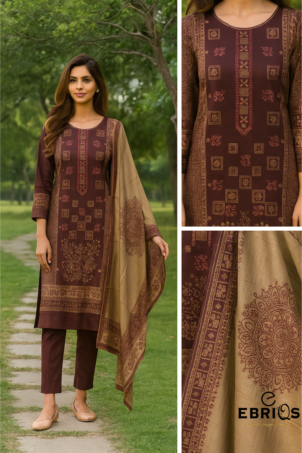 Navy blue floral embroidered 3-piece suit