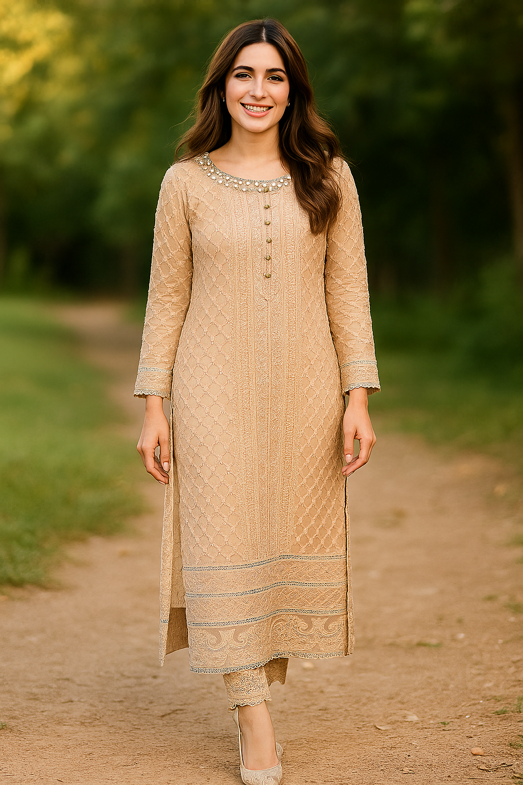 Elegant Beige Embroidered Long Dress-Big Sale By Ebriqs
