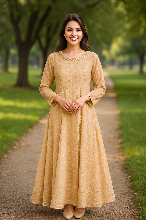 Golden Beige Long Anarkali Dress-Big Sale By Ebriqs