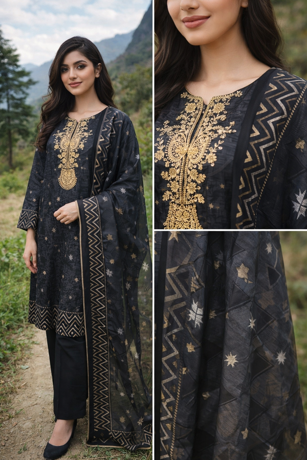 Ebriqs Black & Gold Embroidered 3 Piece Suit | Shirt, Dupatta & Trouser (Affordable)