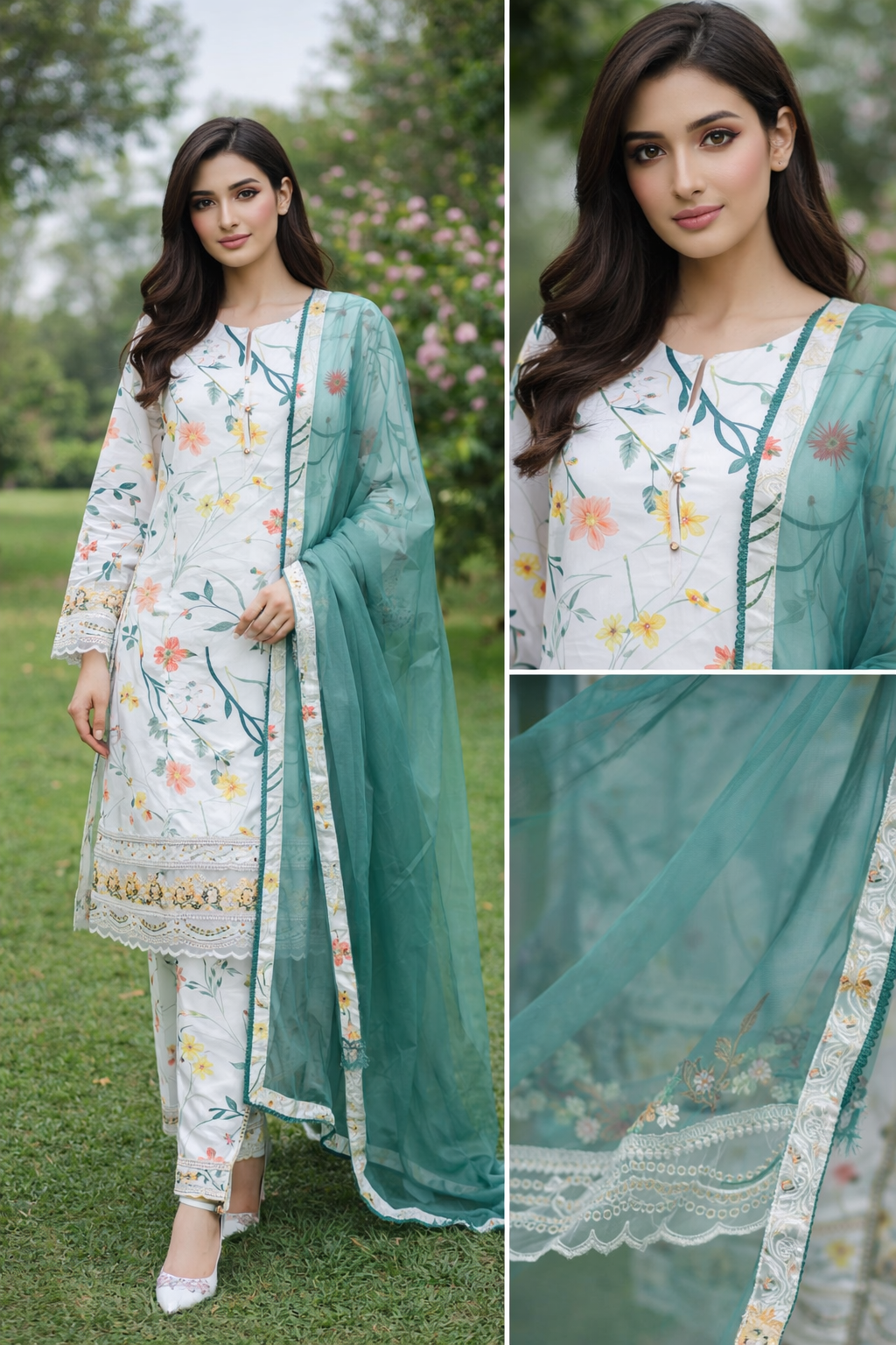 White Floral Embroidery 3 Piece Suit In Affordable Price
