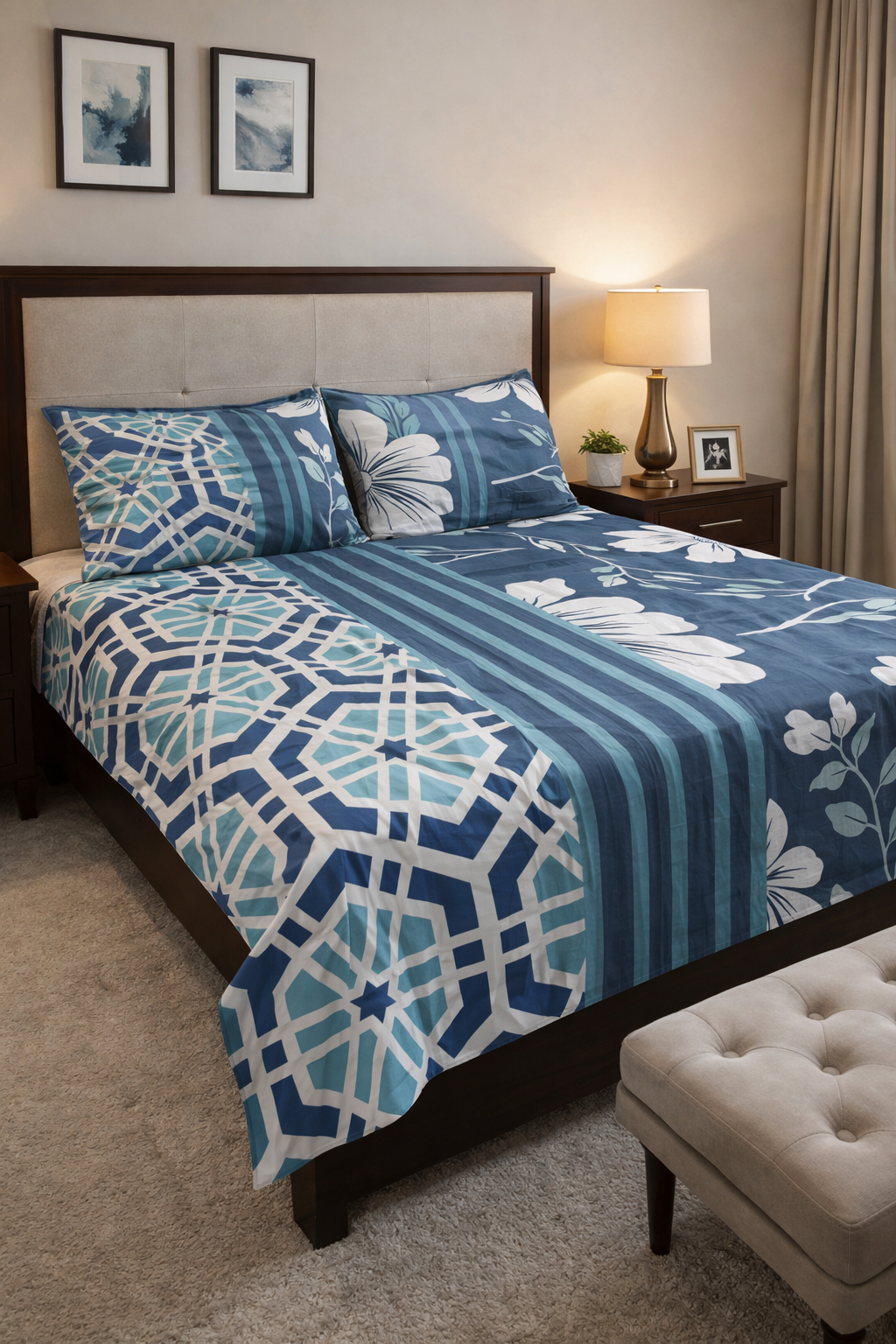 Navy Blue Geometric Floral Bedsheet Set