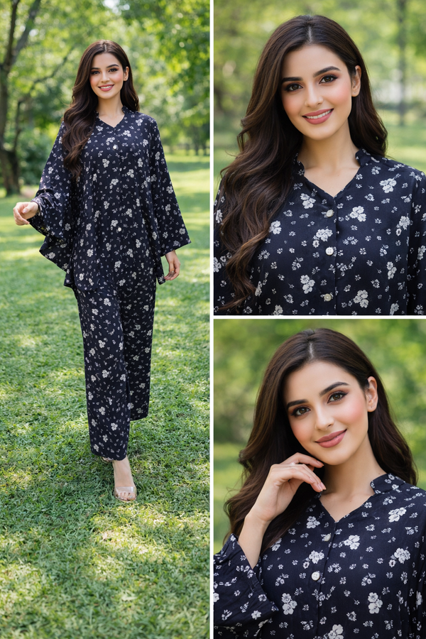 Ebriqs Black Floral Co-Ord Set for Women | 2 Piece Printed Top & Trouser