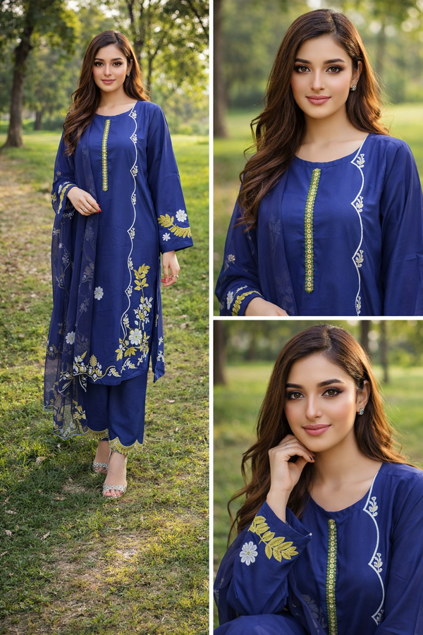 Royal Blue 3 Piece Embroidered Suit for Women | Shirt Trouser Dupatta