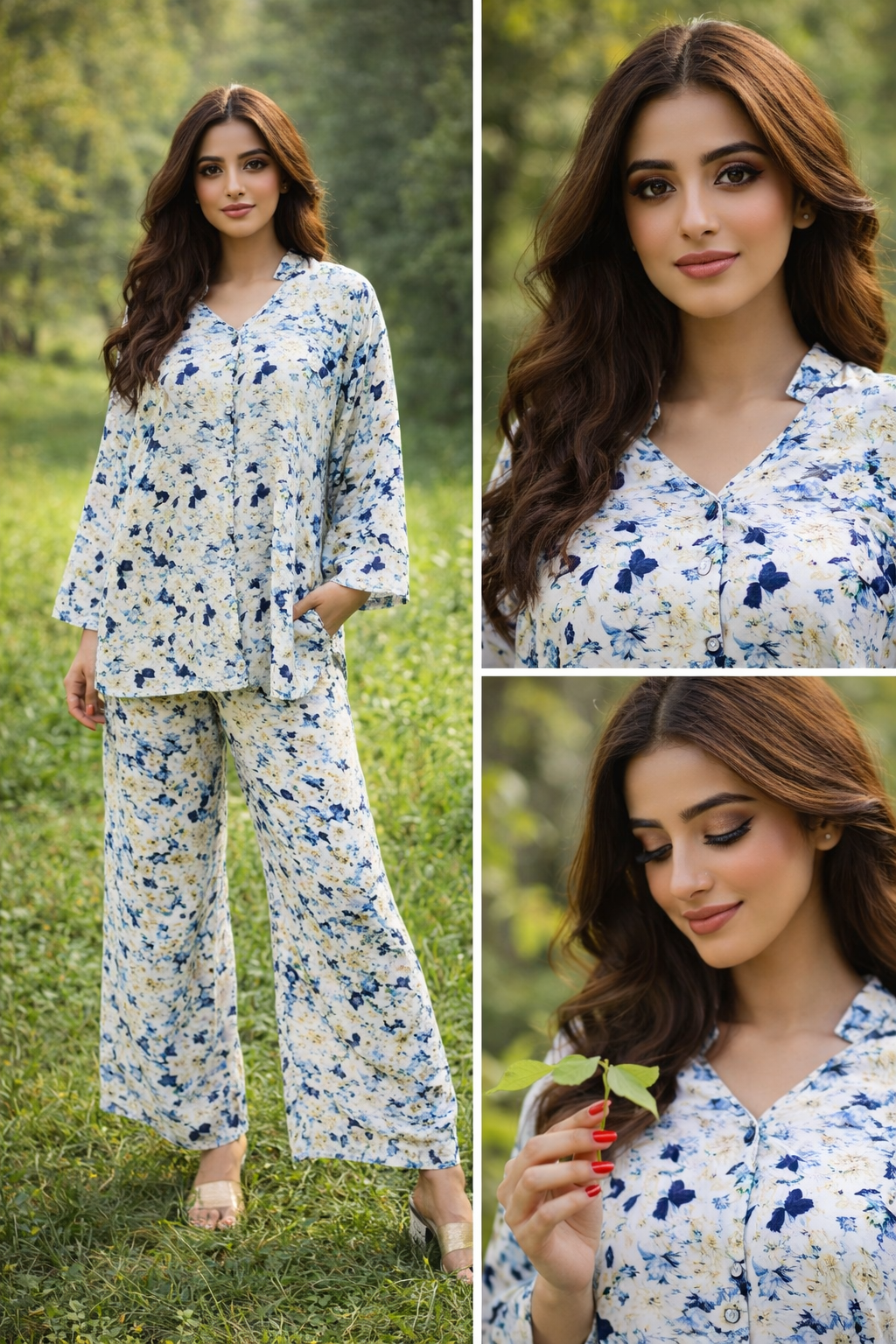 White & Blue Floral Co-Ord Set for Women | KHADDAR