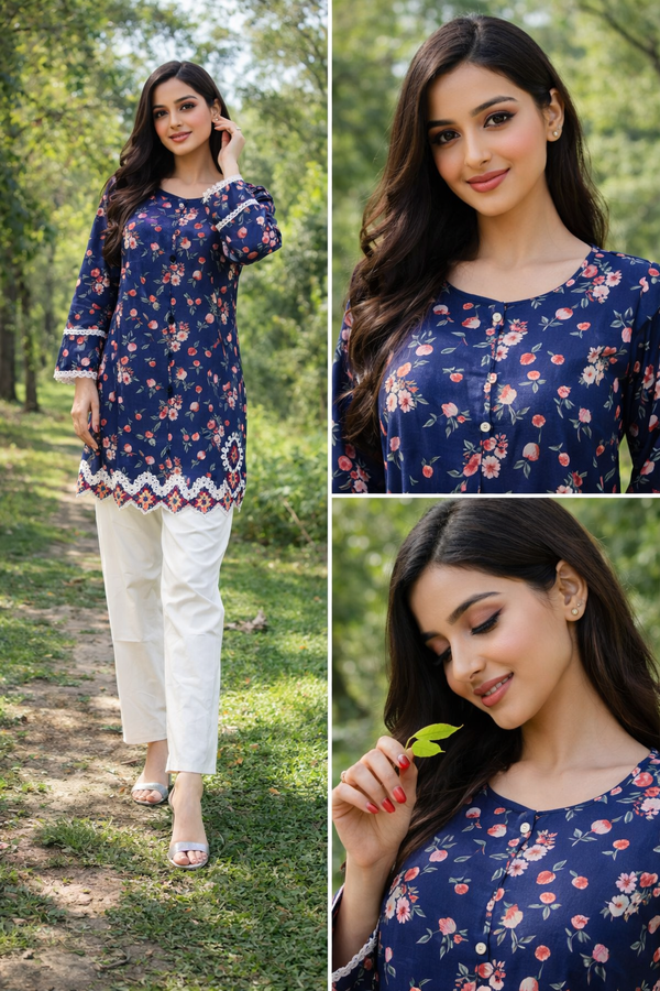 Ebriqs Navy Blue Floral Co-ord Set | Lace Border Printed Shirt