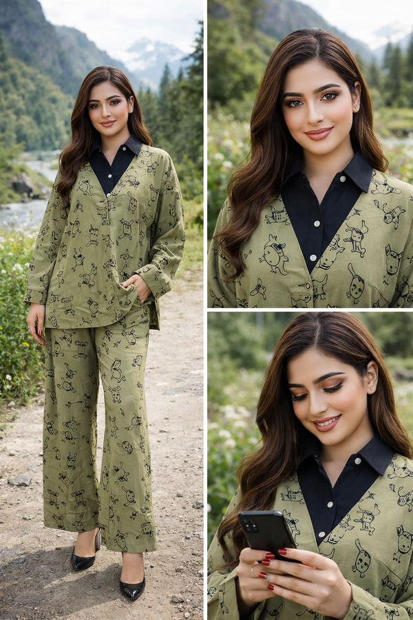 Olive Green Printed Co-Ord Set | Contrast Collar Shirt & Wide-Leg Pants