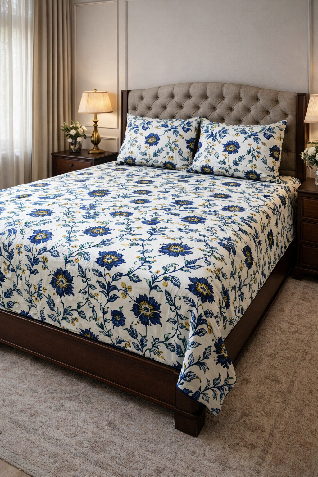 Royal Blue Floral Bedsheet Set