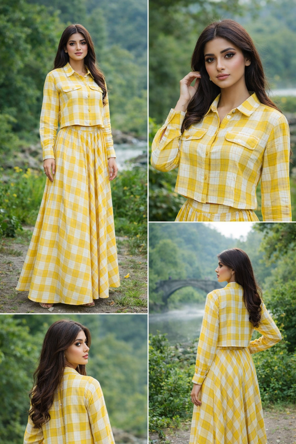 Ebriqs Yellow Check Co-Ord Set | Cropped Shirt + Flowy Maxi Skirt (2-Piece)