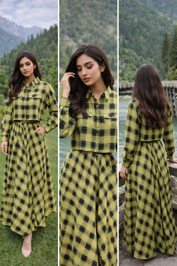 Green Plaid Co-ord Set (Cropped Shirt + Maxi Skirt)