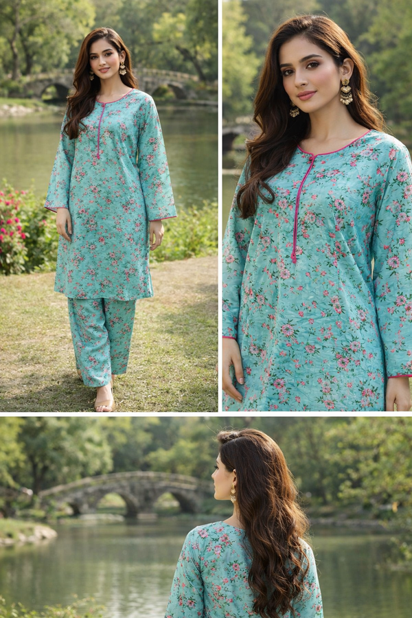 Ebriqs Mint Floral 2-Piece Co-ord Set | Printed Kurta + Straight Pants